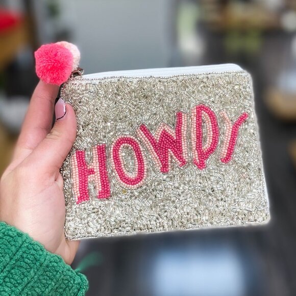 Howdy Western Cowgirl Silver Sparkle Beaded Pouch Wallet Bag Pink NEW Gift NWT - Picture 1 of 5